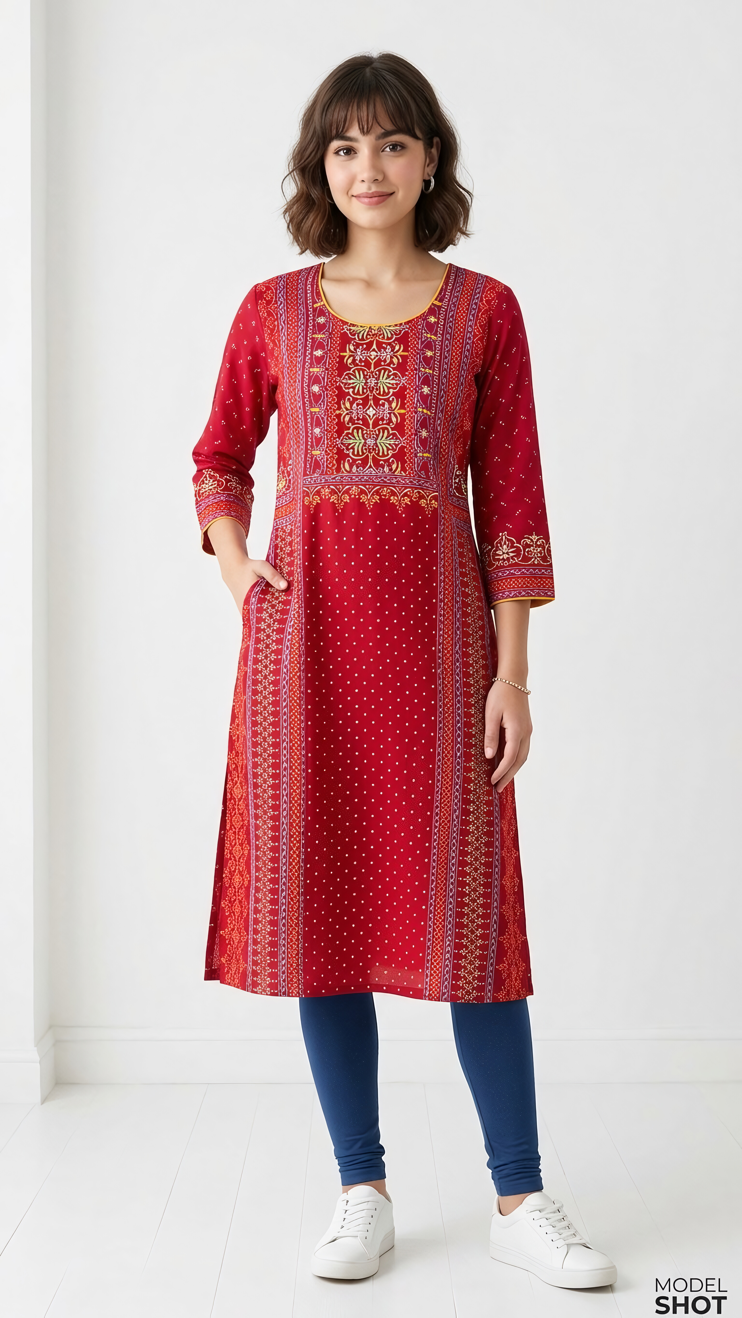 Red Printed Long Kameez