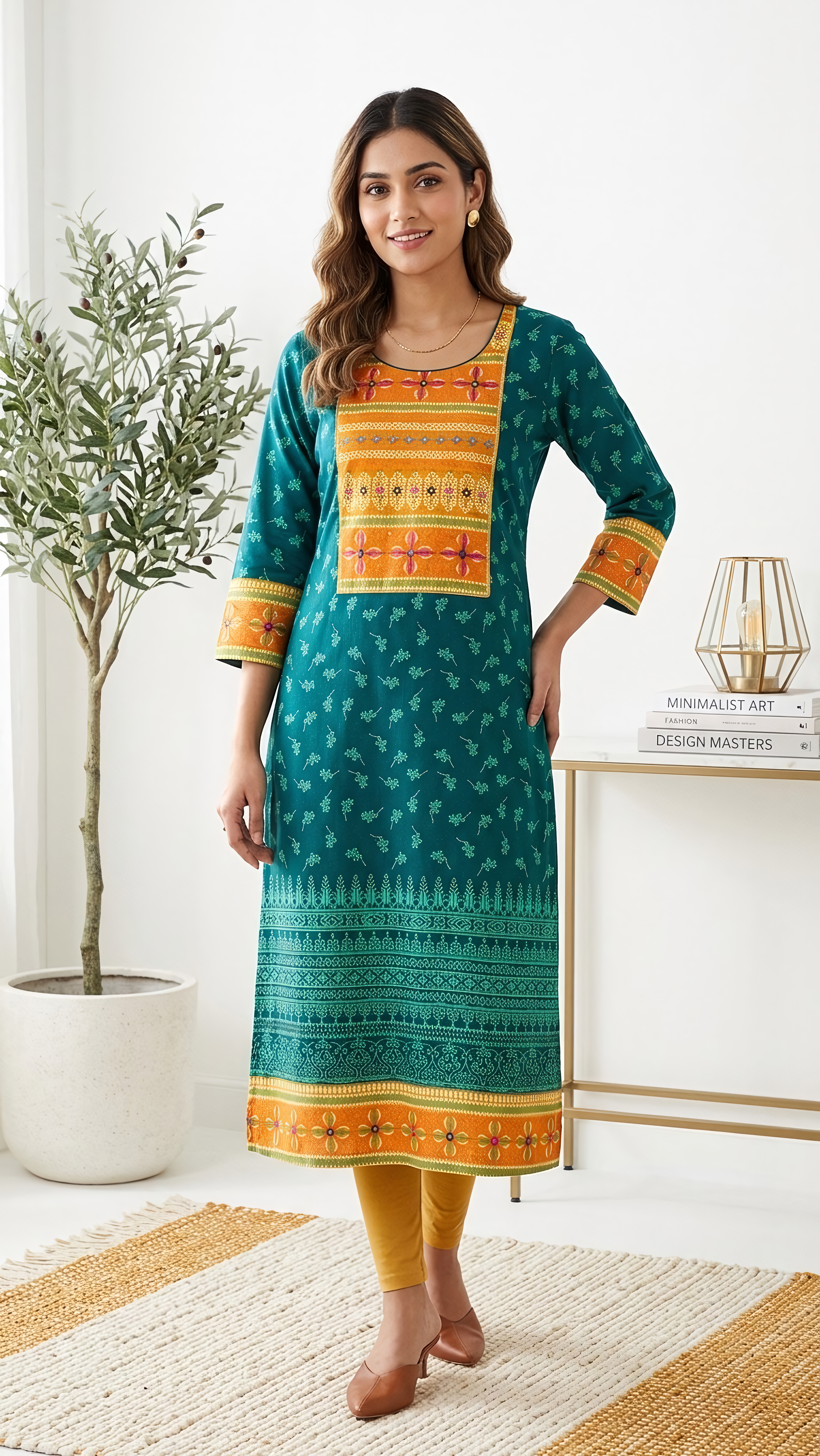 Teal Green & Mustard Printed Long Kameez