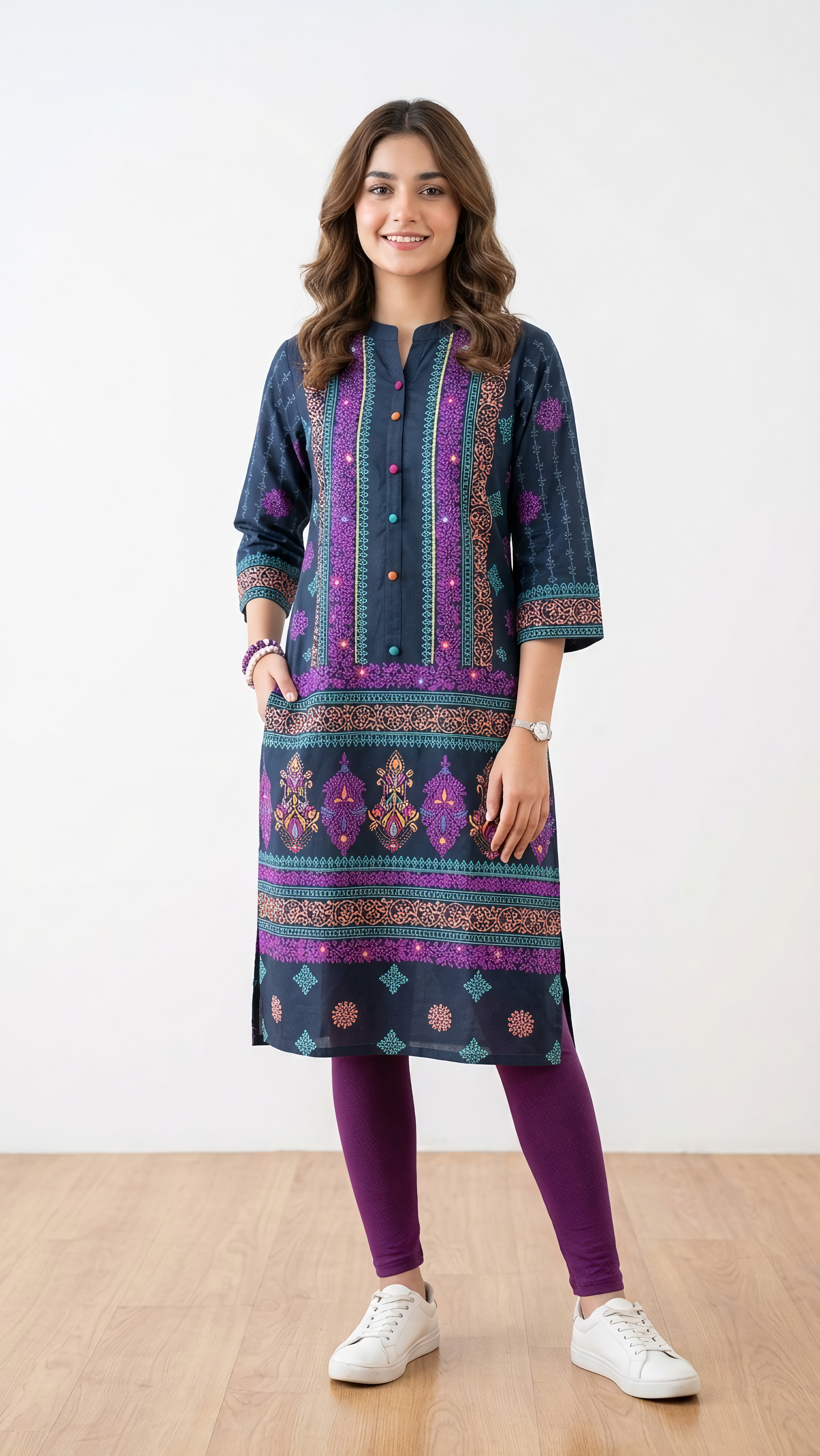 Navy Blue Printed Long Kameez