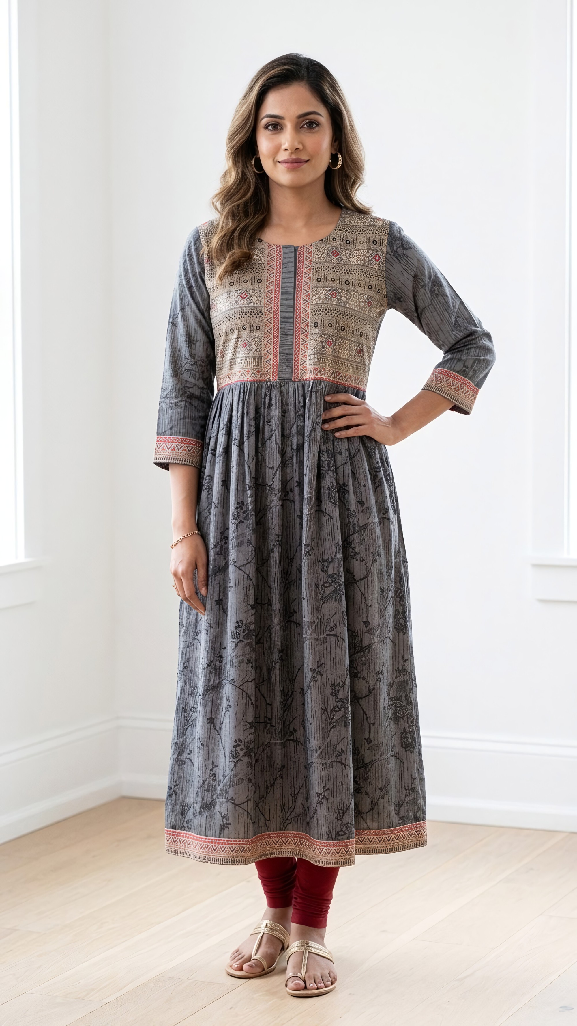 Elegant Grey Printed Flared Kameez