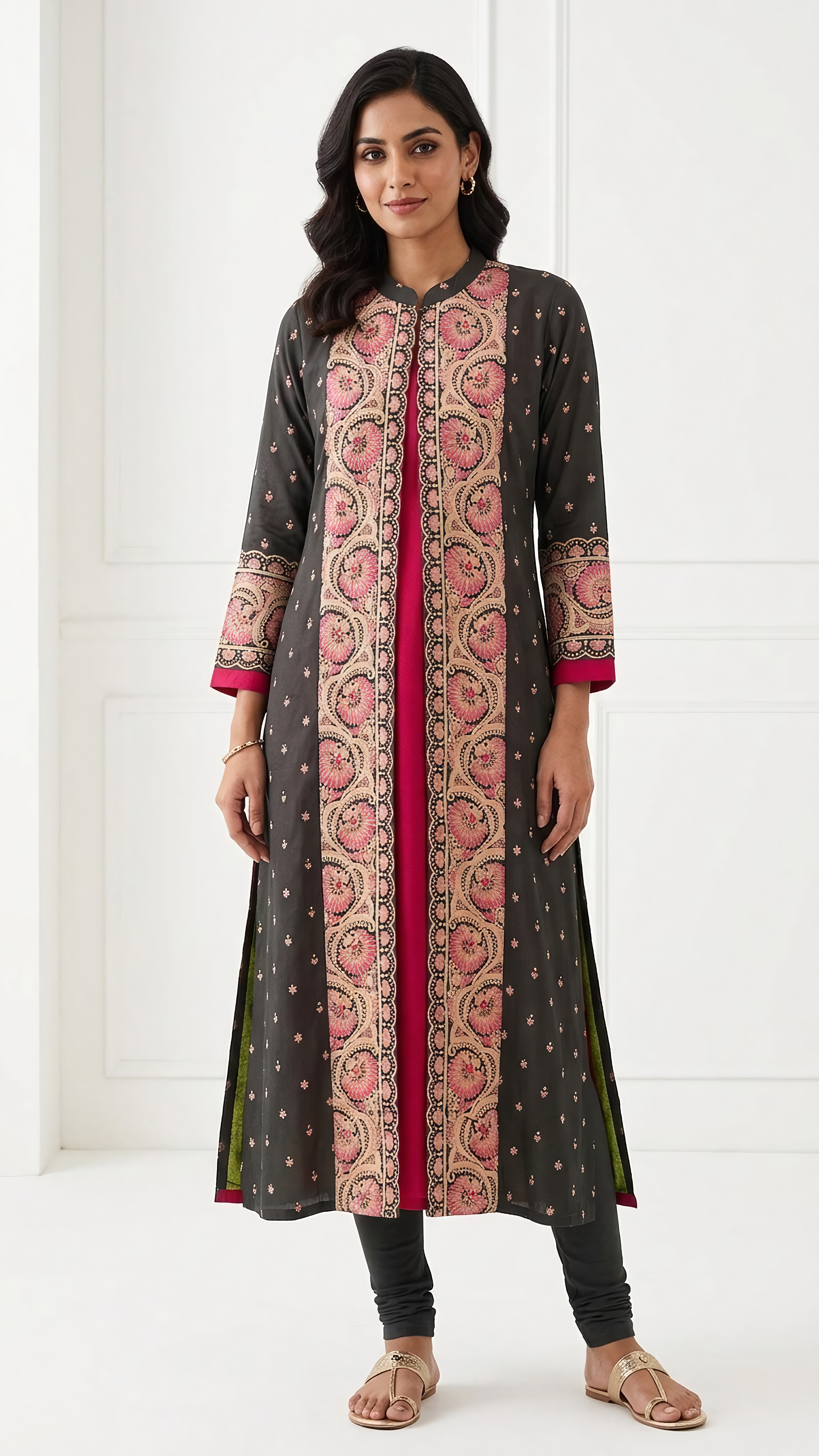 Premium Black & Wine Printed Long Kameez