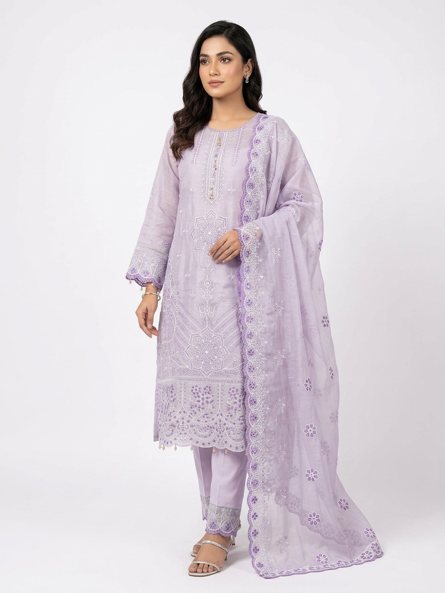 Lavender Embroidered Organza 3-Piece Suit Set