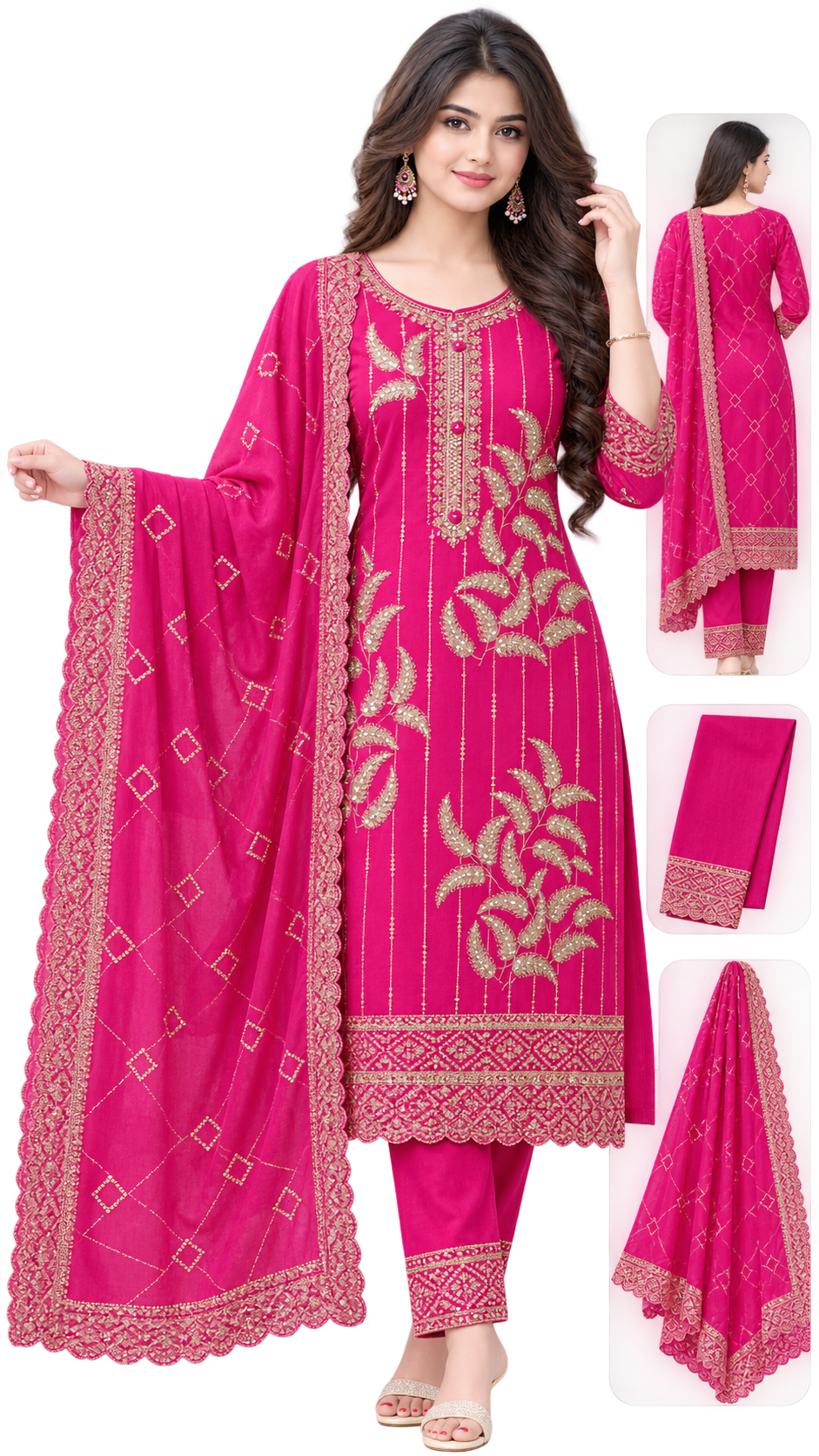 Magenta & Gold Embroidered 3-Piece Salwar Kameez Set