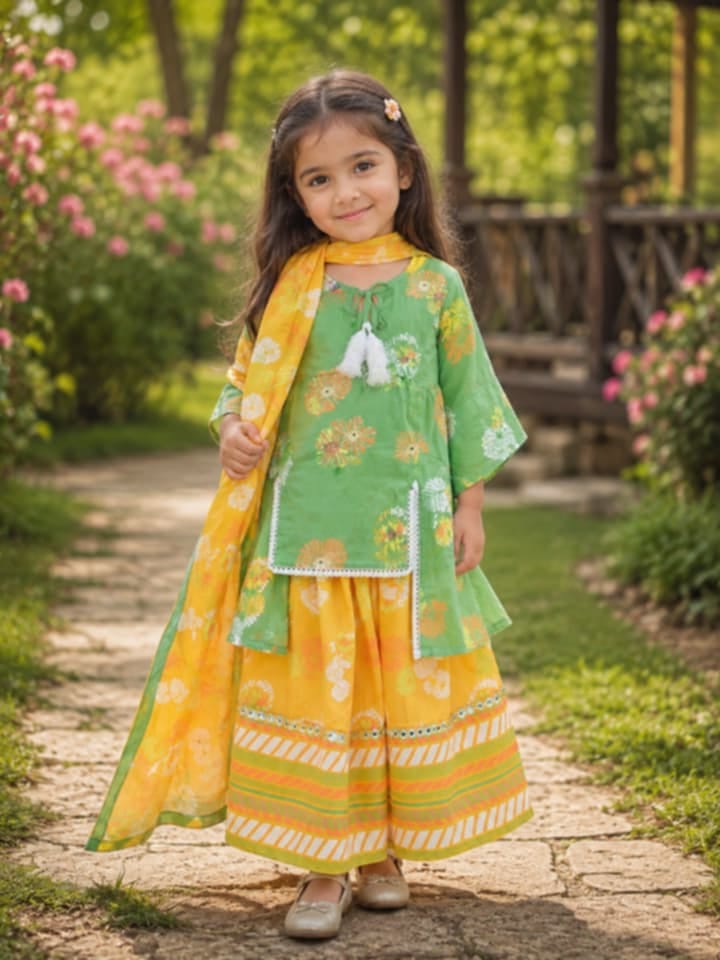 Traditional Floral Print Green & Yellow Baby 3 pcs
