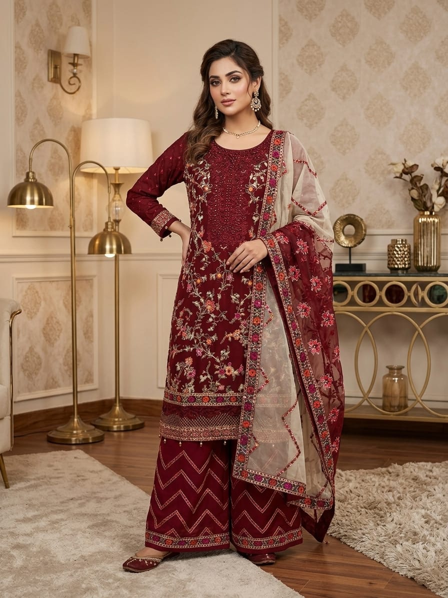 Exquisite Deep Wine / Maroon Heavy Embroidered 3-Piece Festive Salwar Suit Set