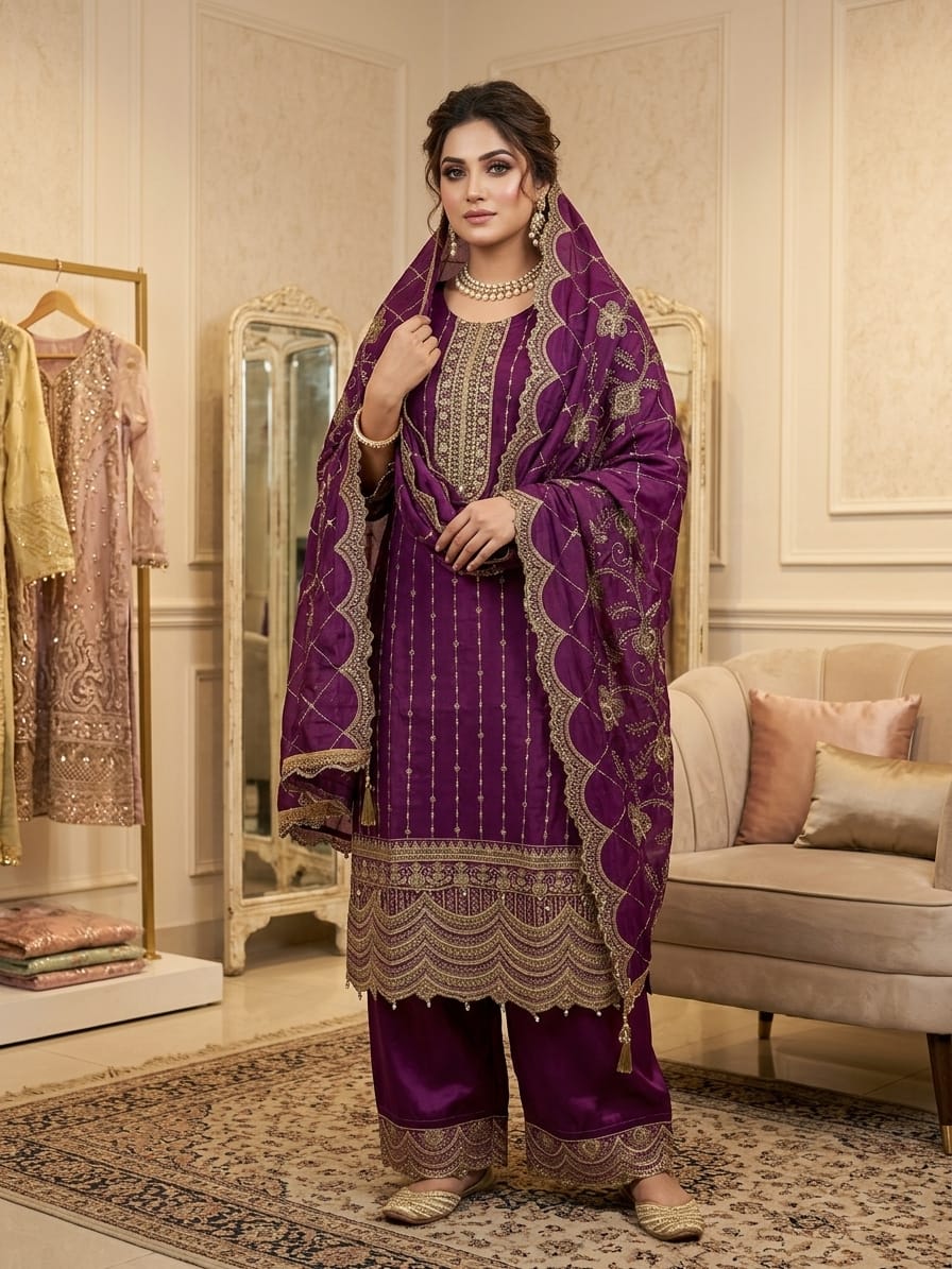 Royal Purple Gold-Embroidered 3-Piece Festive Silk Salwar Suit Set