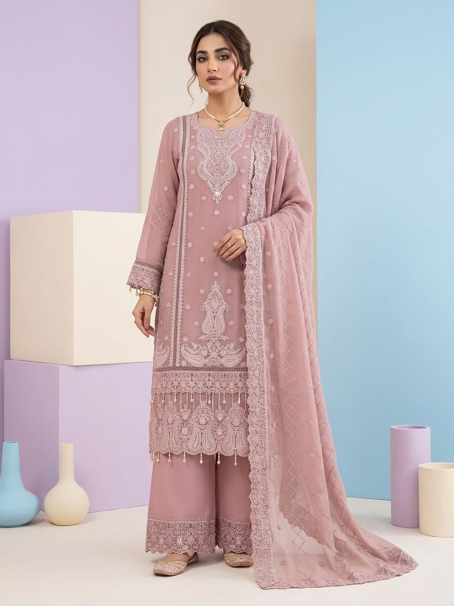 Elegant Dusty Pink Embroidered 3-Piece Festive Chiffon / Georgette Salwar Suit Set