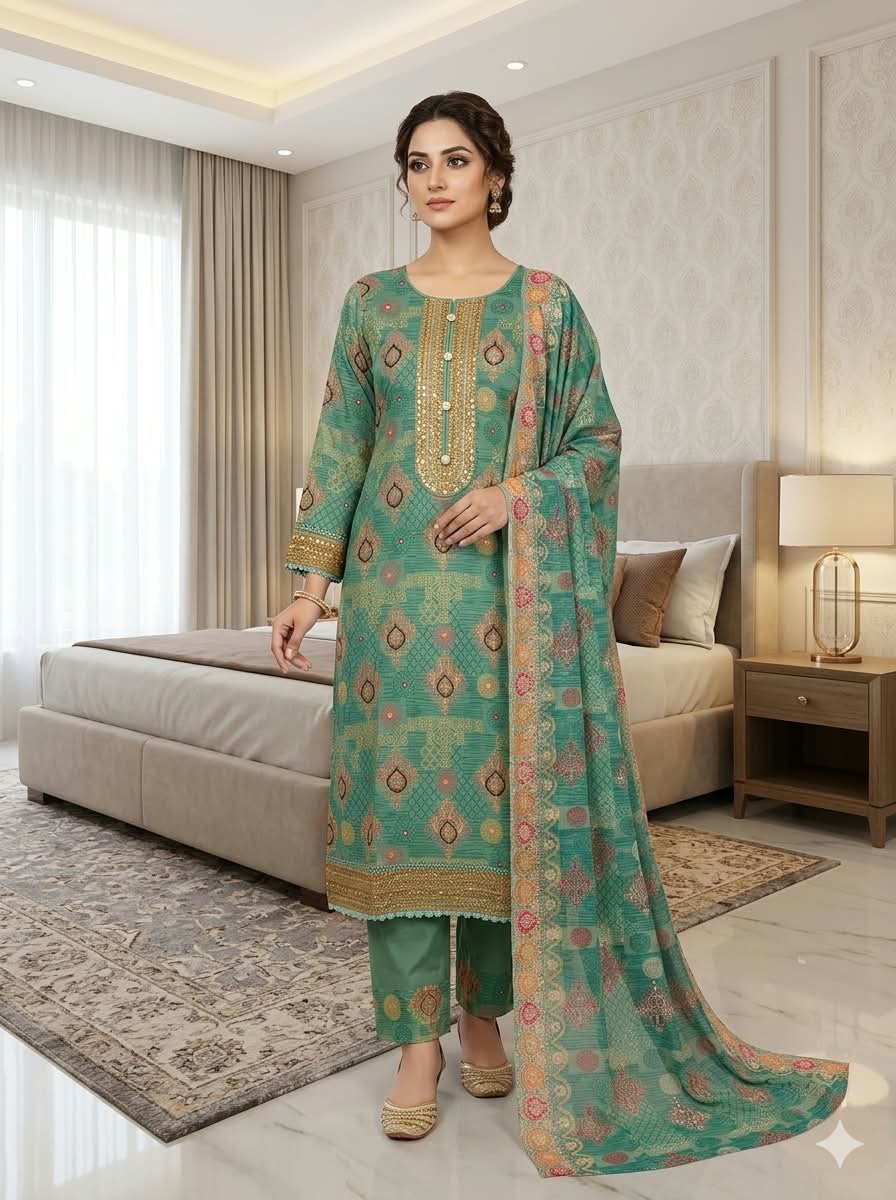 Elegant Mint Green Designer Ethnic Three-Piece Suit with Intricate Embroidery