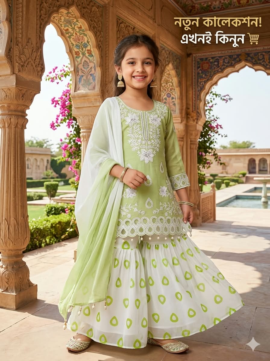Kids Elegant Green & White Embroidered Gharara / Three-Piece Set