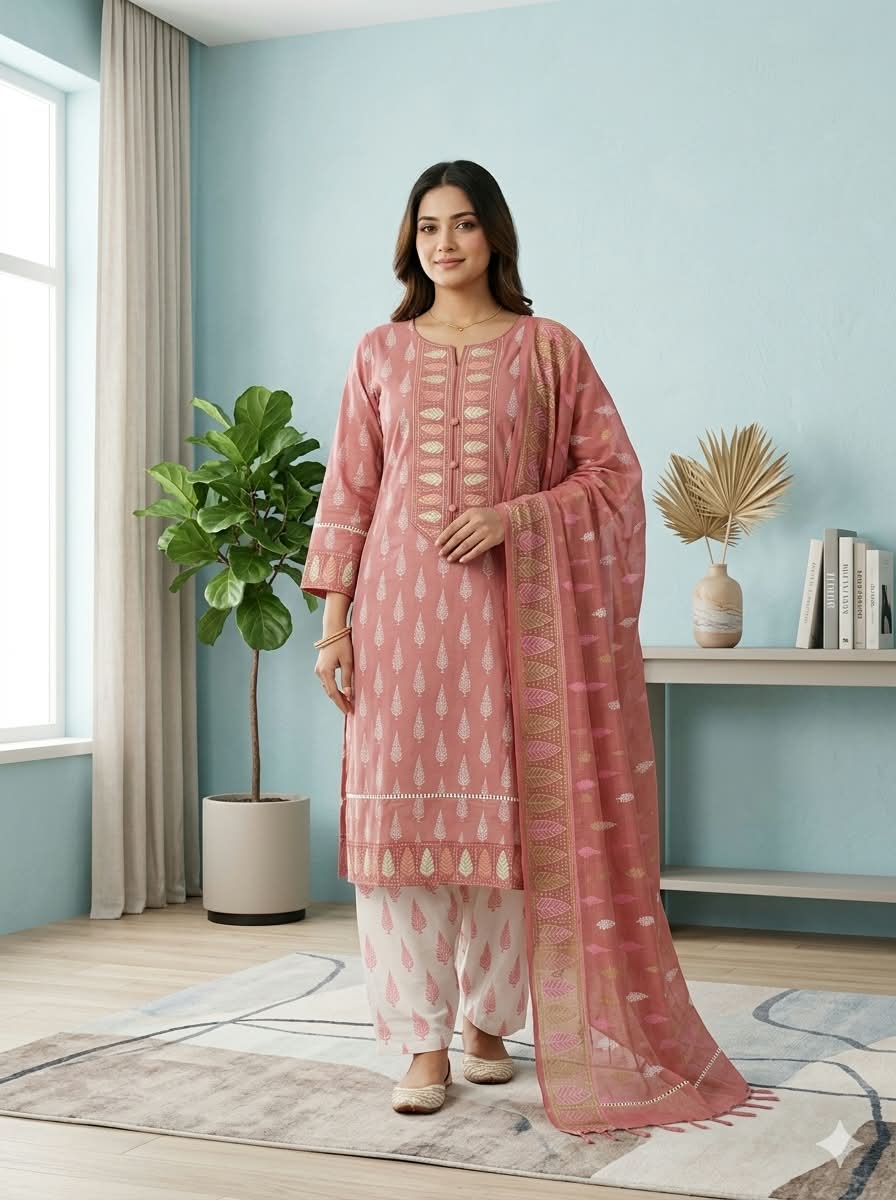 Elegant Dusty Pink & White Printed 3-Piece Ethnic Suit Set