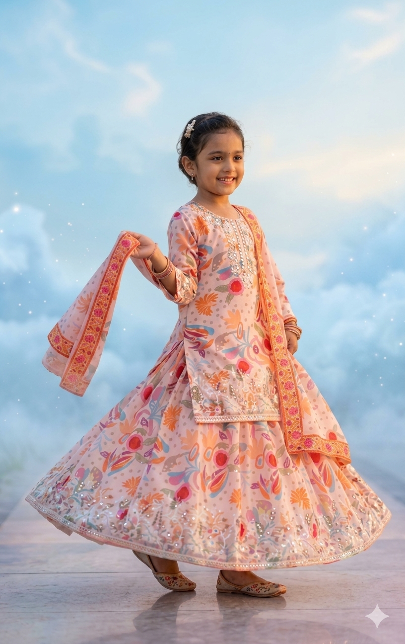 Elegant Peach Floral Printed Skirt set