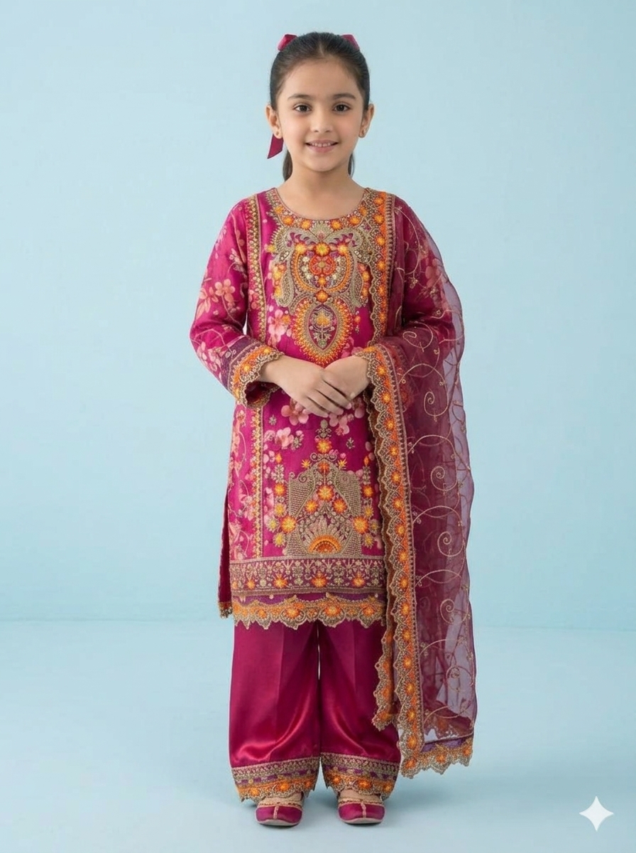 Magenta Embroidered Baby 3-Piece Salwar Kameez Set
